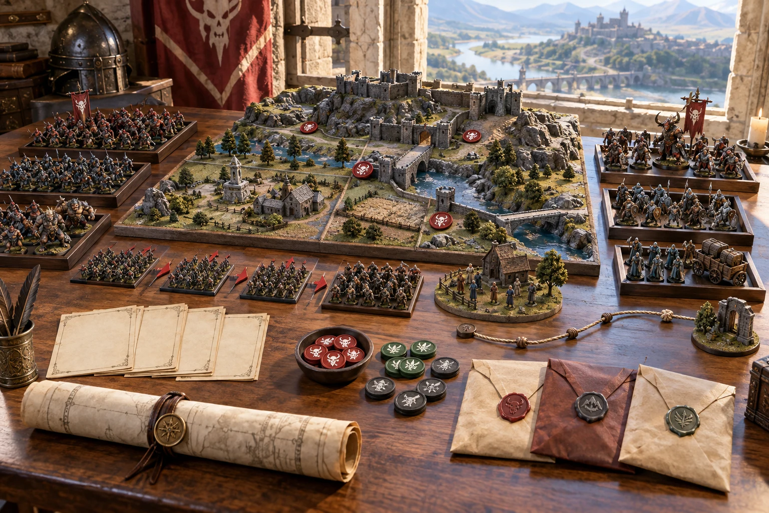 Fantasy illustration of grouped miniatures, a battlefield model and preparation notes on a table