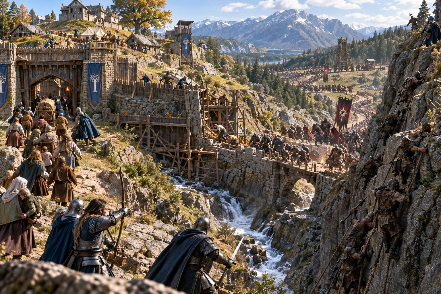 Fantasy illustration of defenders protecting an evacuation route while a horde approaches a fortified crossing